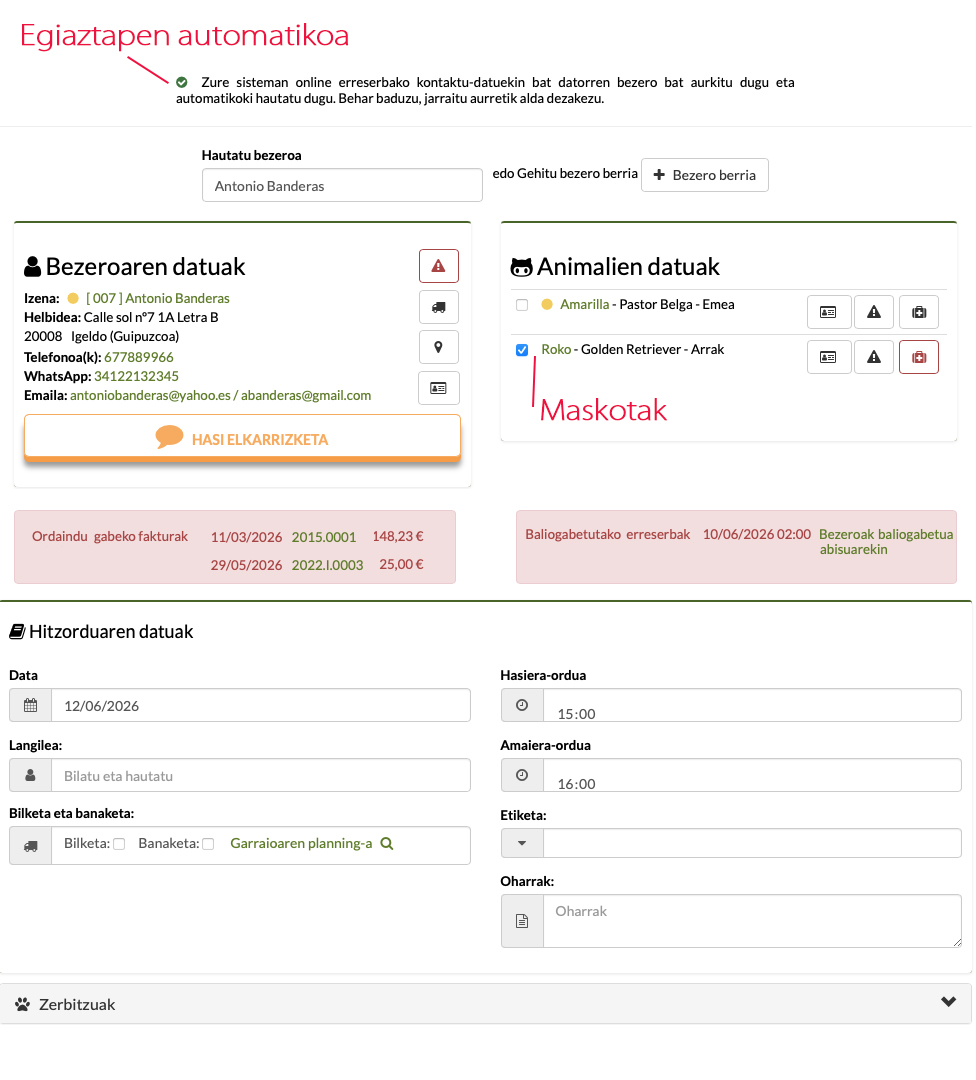 Online hitzorduak eta online erreserbak kudeatzeko softwarea maskoten negozioentzat, datak, maskotak eta abisuak pantaila bakarrean