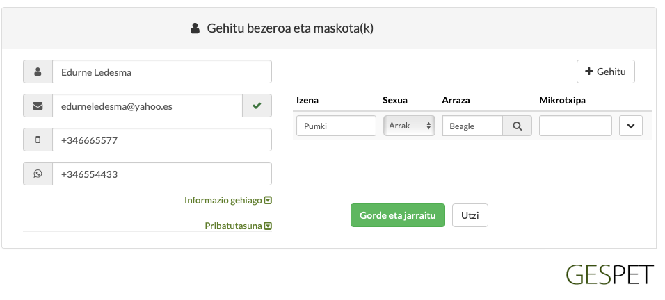 Maskotentzako online erreserba baten datuak bezero berriarekin eta maskotarekin lotzeko prozesua Gespeten