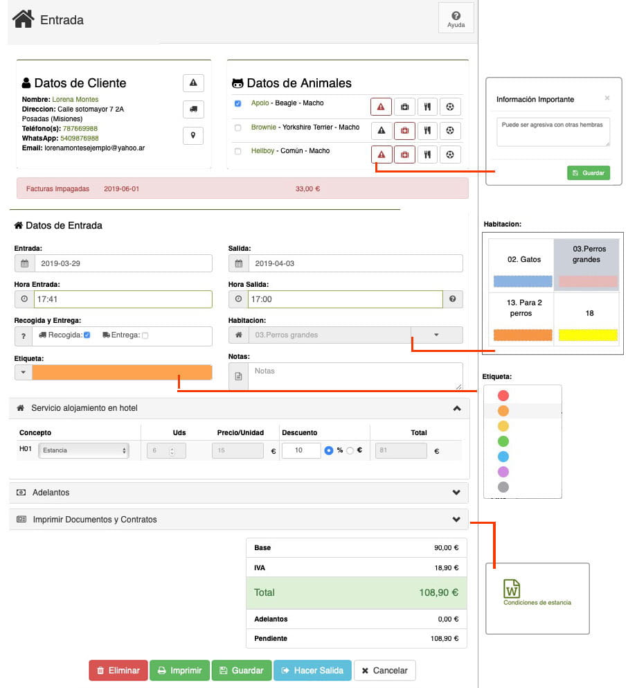 txakurren hotelean check-in edo sarrera egiteko pantaila