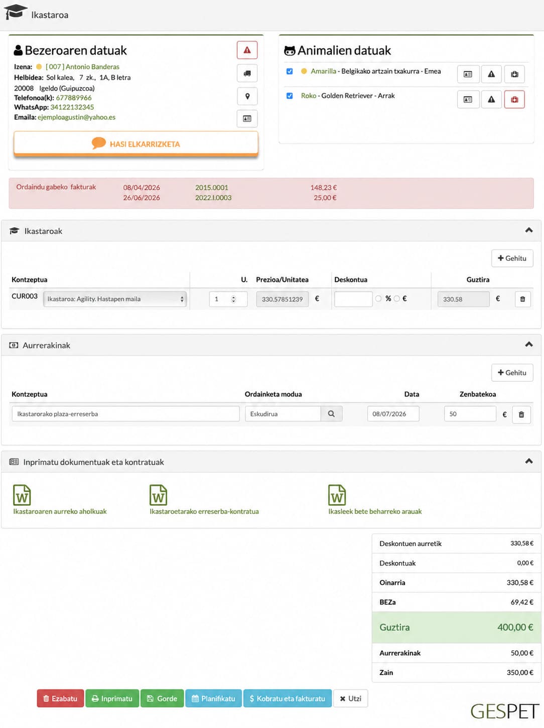 txakur-heziketako ikastaro bat saltzeko eta bezeroari esleitzeko softwarea