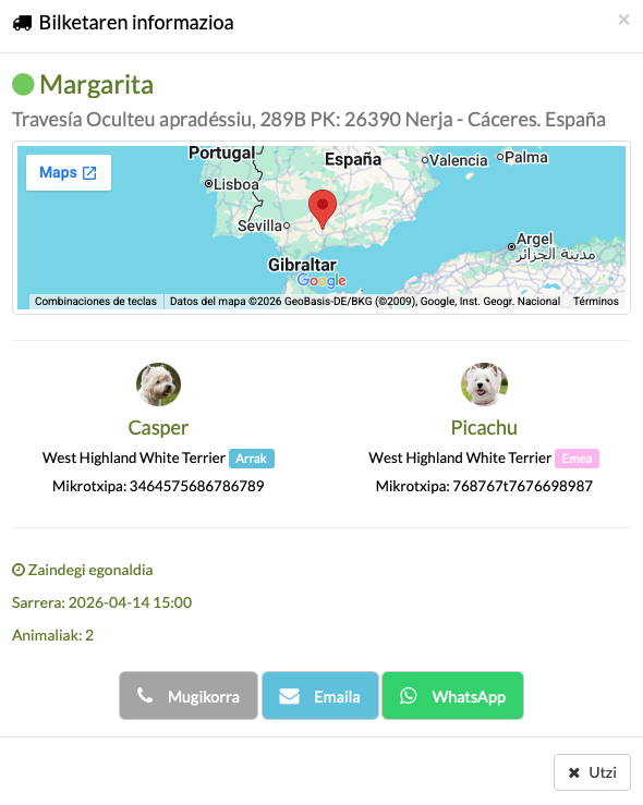 txakur eta katuen garraioaren xehetasunak