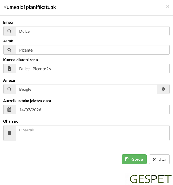 txakur-hazleentzako softwarean planifikatutako kumaldi bat sortzea