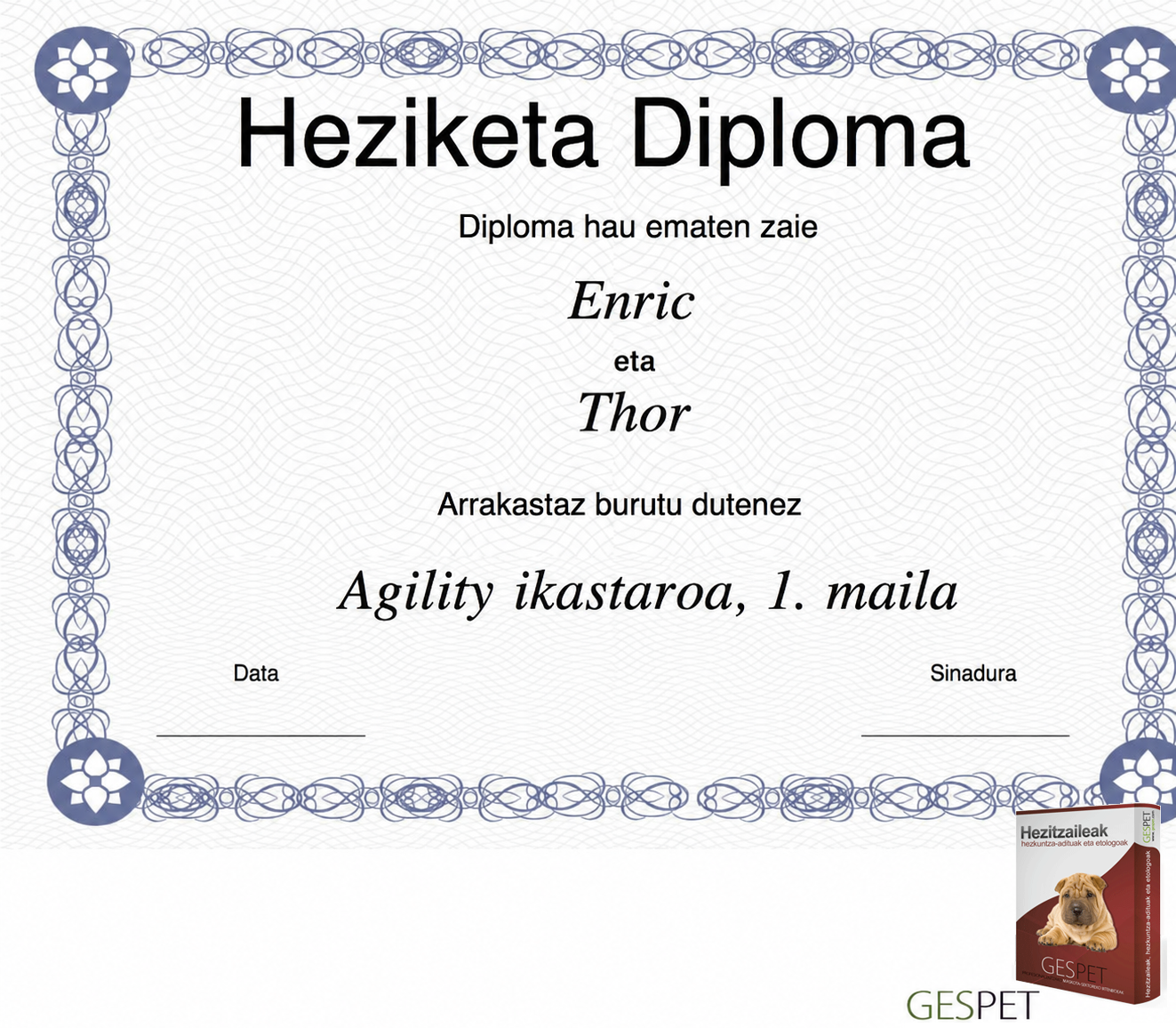 txakur heziketa ikastaroetarako diploma txantiloia