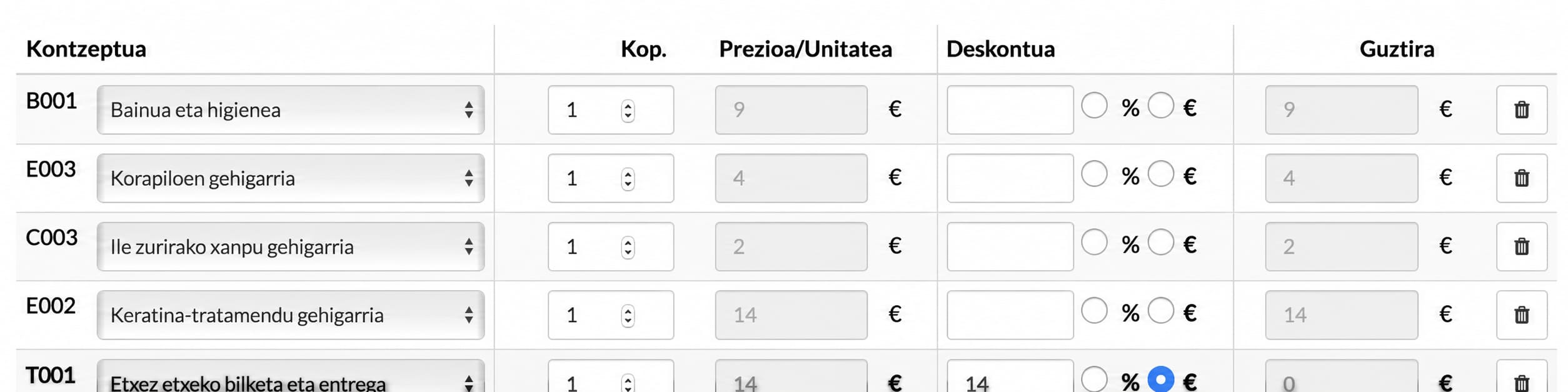 txakur-apaindegiko zerbitzu bereziak gehitu eta fakturatzeko pantaila