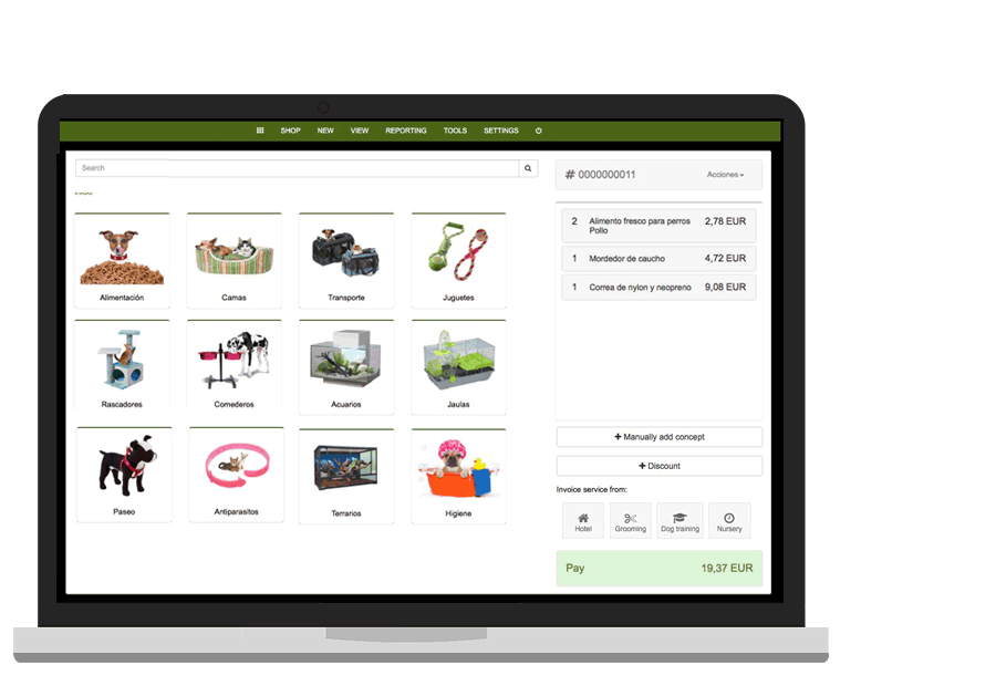 TPV eta kudeaketa-softwarea maskota-dendentzat