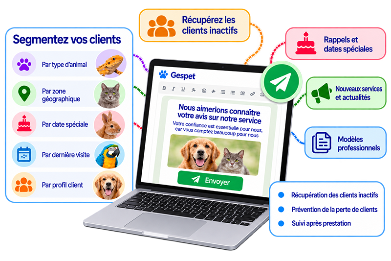 Logiciel d'e-mail marketing pour les professionnels du secteur animalier : campagnes ciblées, segmentation des clients, promotions personnalisées et fidélisation