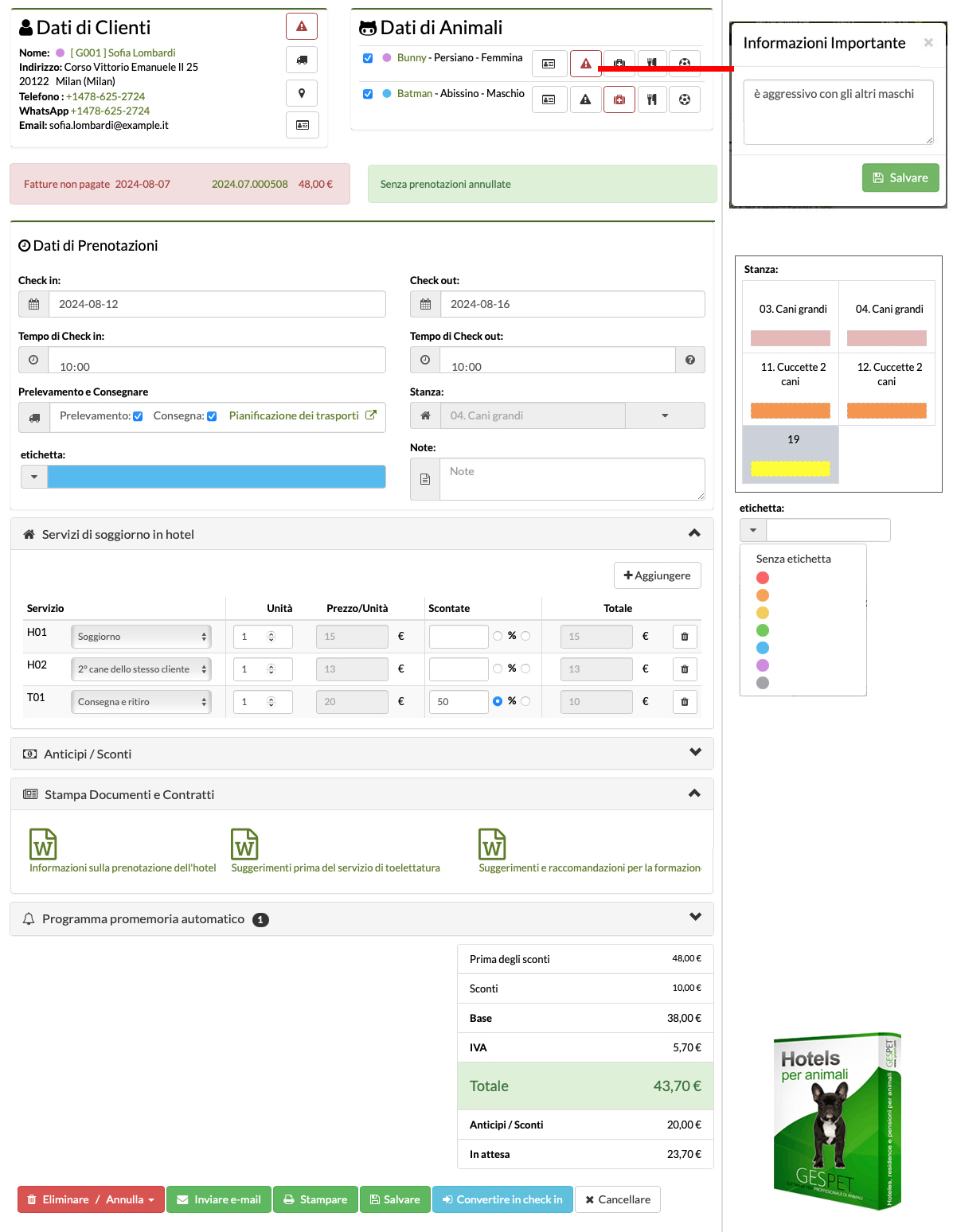 check-in presso la pensione per animali